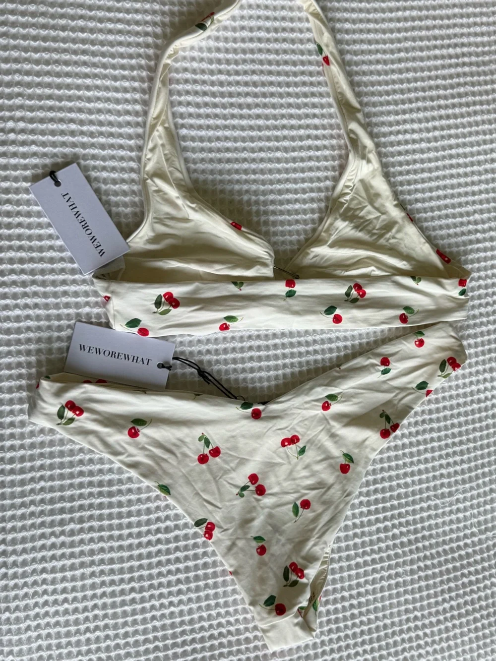 NWT WeWoreWhat Barbell Halter Top and Delilah Bottom Bikini in white cherries